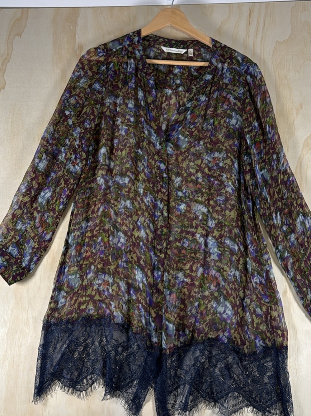 Soft Surroundings Olive Multi Sheer Floral Tunic with Blue Lace Hem